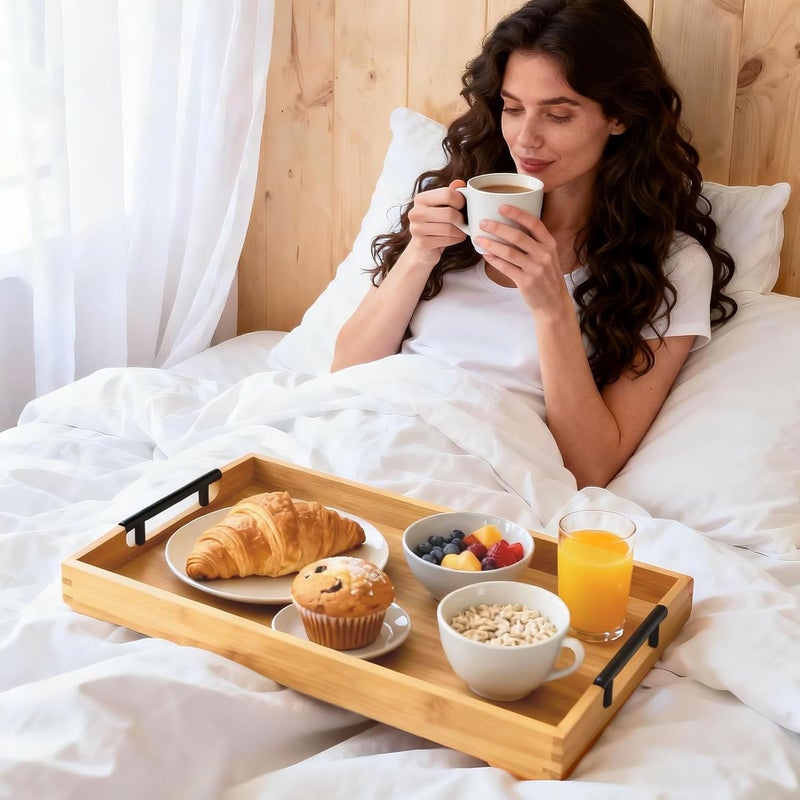 Krismax Wooden Serving Tray with Handles, Serving Platter 15.7x11.4 Inch Food Drinks Tray for Coffee Table,Decorative Storage Tray for Entertaining, Breakfast Tray in Bed,Lunch,Dinner,BBQ(Bamboo) - Image 4